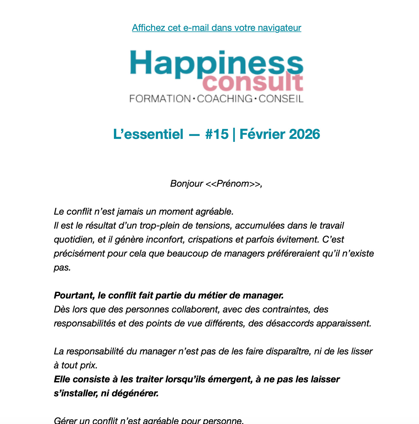 Happiness Consult &mdash; Support de communication, mise en page newsletter